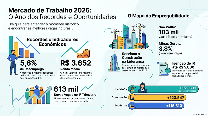 Infográfico sobre o Mercado de Trabalho 2026 no Brasil, com indicadores como 5,6% de desemprego, renda média de R$ 3.652, 613 mil novas vagas no 1º trimestre e mapa da empregabilidade com São Paulo 183 mil vagas, Minas Gerais 3,8% e isenção de IR até R$ 5.000, além de crescimento por setor.